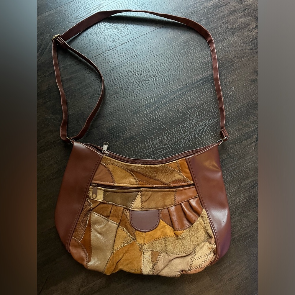 Brown and tan patchwork shoulder bag